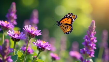 Purple wildflowers, monarch butterfly in flight, violet, insect