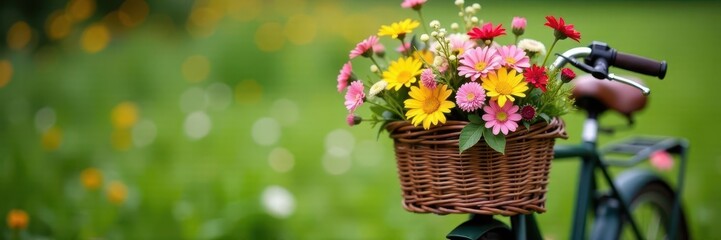 Rustic basket overflowing with wildflowers, atop a vintage bicycle , summer, whimsical
