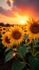 Sun-kissed sunflowers ablaze at sunset, majestic view , flower, background, dusk