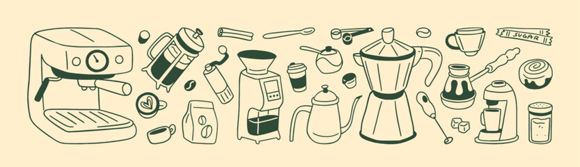Doodle set of coffeehouse items. Outline drawing coffeeshop tools: coffee machine, turk, cups and mugs for preparing hot drinks, beverages. Hand drawn isolated vector illustrations on white background