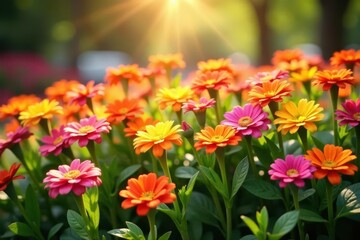 Sunlit, multicolored flowers, tightly arranged, vibrant, texture