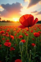 Sunset illuminates vibrant red poppy in a field of wildflowers , nature, bloom