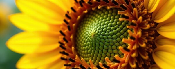Sunflower's heart-shaped stamen cluster, close-up view , sun, design