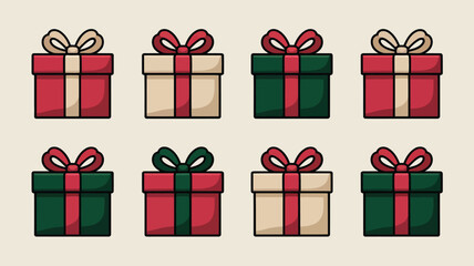 Fototapeta premium Eight christmas gift boxes arranged in two rows with red and green colors and ribbons on a light background