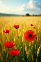 Vibrant poppies bloom amidst golden barley field , environment, texture, green