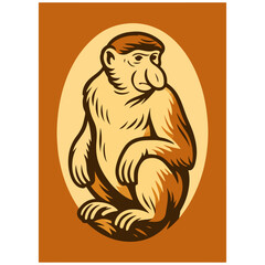 Macaque Monkey Portrait — Primate Wildlife Oval Poster Vector