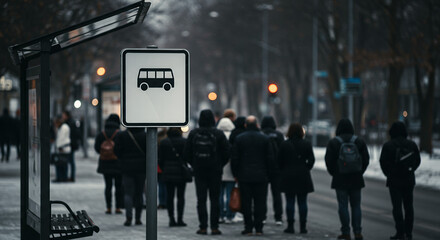 People waiting at bus stop in winter with snowy street background  