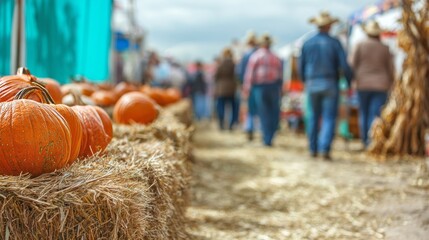 Pumpkins stacked on straw bales at autumn agricultural fair with people walking in background, seasonal harvest display representing rural tradition, farming culture and festive atmosphere.