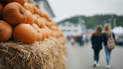 Pumpkins stacked on straw bales at autumn agricultural fair with people walking in background, seasonal harvest display representing rural tradition, farming culture and festive atmosphere.