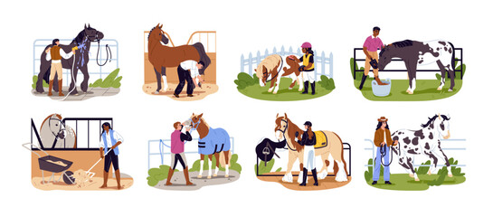 Obraz premium People care about horses set. Mena and women cleaning stables, washing farm animals, brushing and shoeing manes, do vet of mare and feed foals. Flat isolated vector illustrations on white background.