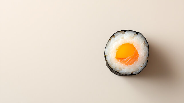 Minimalist design of sushi roll featuring rice, seaweed, and vibrant yolk, evoking sense of culinary artistry and simplicity