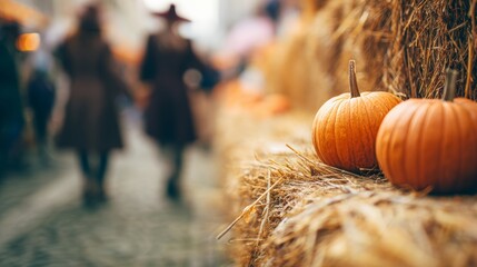 Pumpkins stacked on straw bales at autumn agricultural fair with people walking in background, seasonal harvest display representing rural tradition, farming culture and festive atmosphere.