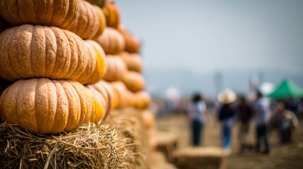 Pumpkins stacked on straw bales at autumn agricultural fair with people walking in background, seasonal harvest display representing rural tradition, farming culture and festive atmosphere.