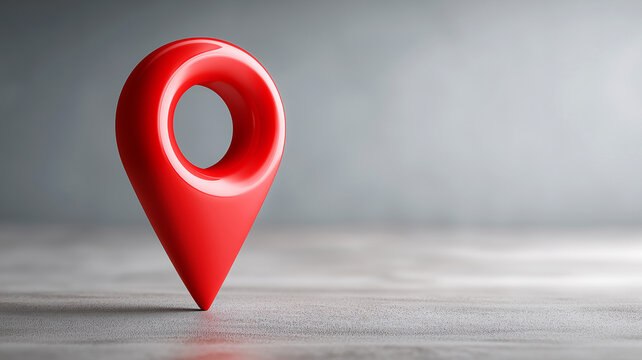 Red 3D map location pin standing on grey surface. AI generated.