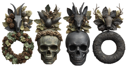 Set of 4 spooky door wreaths, isolated on transparent background 