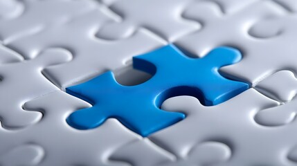 Closeup view of gray puzzle pieces with a single blue piece standing out, symbolizing the search for a solution and successful integ n.