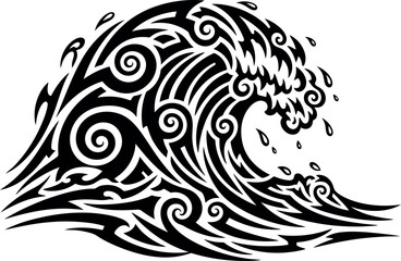Tribal Wave Tattoo Design A Dynamic Black and White Illustration of Crashing Water