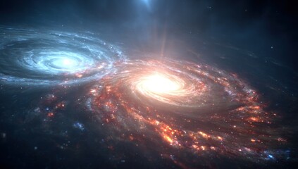 Obraz premium Two spiral galaxies collide in a breathtaking cosmic spectacle, showcasing vibrant hues and swirling patterns against a backdrop of deep space.
