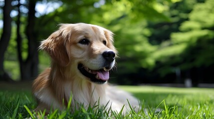 A friendly and happy golden retriever relaxing in a lush, green grassy field surrounded by a serene forest landscape