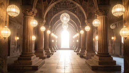 Hallway with Columns and Hanging Lights Illuminating the Interior