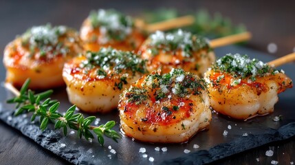Grilled Shrimp Skewers Topped with Herbs and Salt on Black Slate Board
