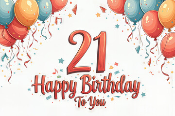 Greeting card for 21 years. Festive design with balloons, confetti, and streamers celebrating a 21st birthday.