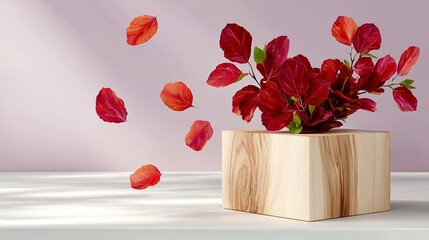 Vibrant arrangement of red foliage in a wooden vase, with scattered leaves floating in the air, creating a dynamic and artistic display against a soft pastel background, enhancing visual appeal and cr