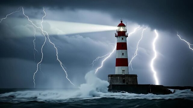 Majestic lighthouse beam illuminates stormy sea with lightning strikes and crashing waves, guiding through adversity footage.