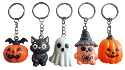 Set of 5 Halloween keychains, isolated on transparent background 