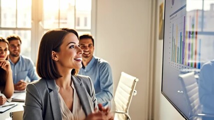 Woman pointing business data on screen during meeting. Diverse team collaboration for corporate success and financial growth footage. - Powered by Adobe