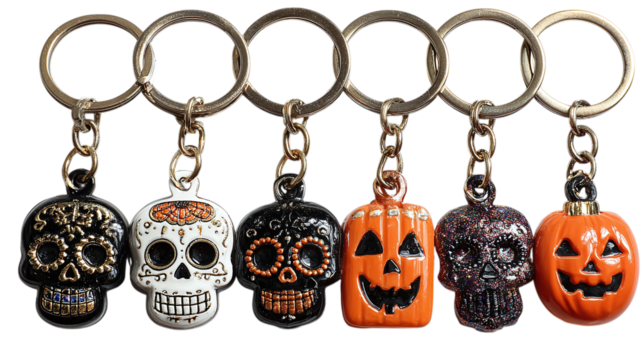 Set of 5 Halloween keychains, isolated on transparent background