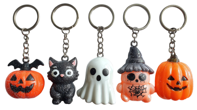 Set of 5 Halloween keychains, isolated on transparent background 