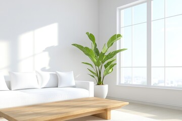 Minimalist living room with modern white sofa and natural wooden coffee table