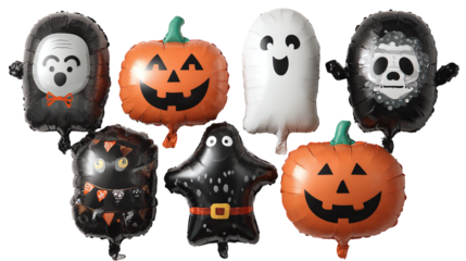 Set of 5 Halloween balloons in different shapes, isolated on transparent background 