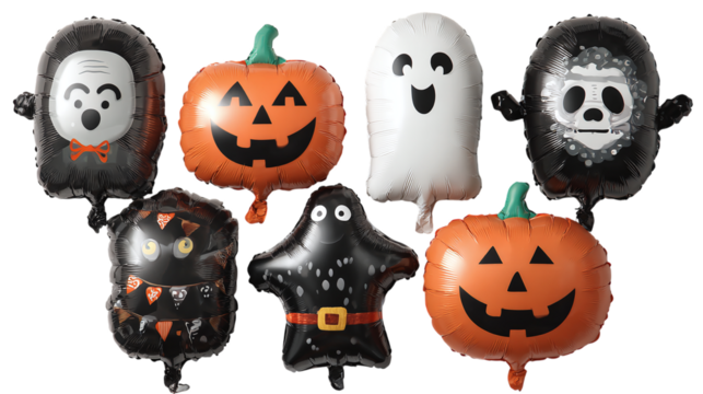 Set of 5 Halloween balloons in different shapes, isolated on transparent background