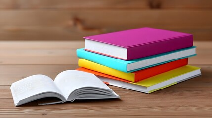 A stack of vibrant, assorted hardcover and paperback books arranged on a rustic wooden table, with an open book in the foreground, suggesting a scene of education, learning, and literary explo n.