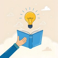 Creative Idea Lightbulb Emerging from Open Book Illustration: Hand Holding Reading Inspiration Concept