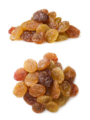 Pile of raisins and a top view on a white background. Isolated