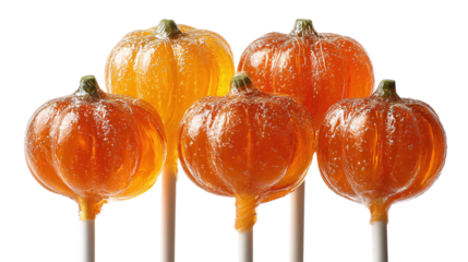 Set of 5 pumpkin lollipops, isolated on transparent background 