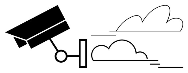 CCTV camera tracking under stylized clouds, symbolizing monitoring, security, privacy, technology, data analysis, observation, and vigilance. Ideal for modern safety concerns simple flat metaphor