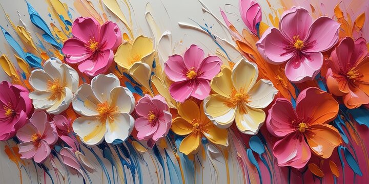 Colorful abstract flowers in oil impasto, thick textured with bold strokes and swirls of pink, yellow, blue, and orange. Use for banner, wallart