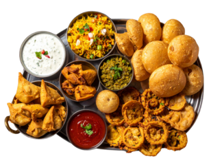 Assorted Indian Street Food Platter with Samosa, Chaat, and Pakoras