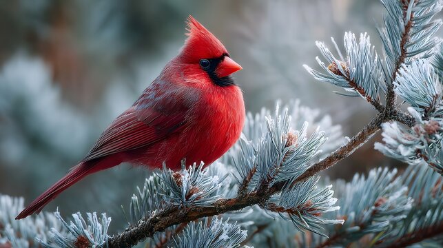 Red cardinal bird perched on frosted pine tree branch winter scene wildlife photography nature background image