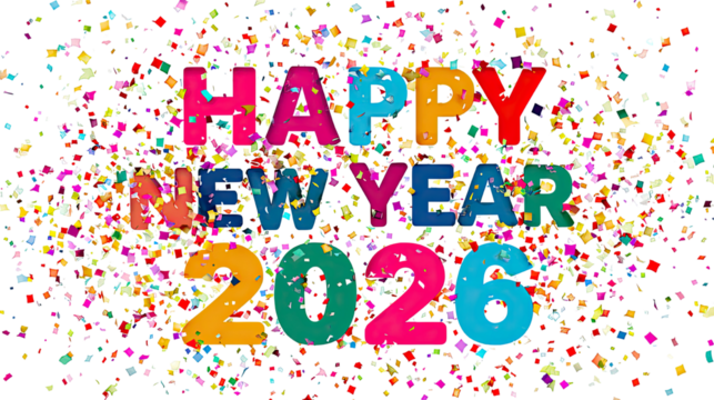 Confetti explosion around bold happy new year 2026 festive celebration colorful holiday party decoration typography isolated on white background