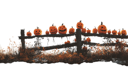 Silhouette of jack-o’-lanterns lined along a fence, isolated on transparent background, HD realistic