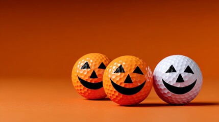 Three Halloween-themed golf balls with smiling jack-o'-lantern faces, two vibrant orange and one white, arranged on a bright orange background, creating a festive and playful atmosphere for seasonal s