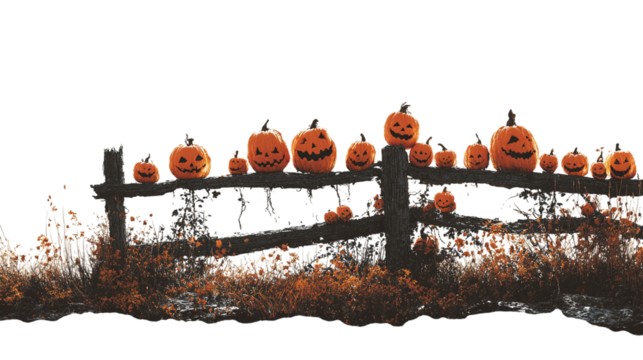 Silhouette of jack-o’-lanterns lined along a fence, isolated on transparent background, HD realistic 