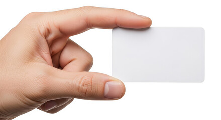 A hand holds a blank white card between its thumb and index finger against a transparent background