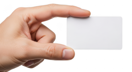 A hand holds a blank white card between its thumb and index finger against a transparent background