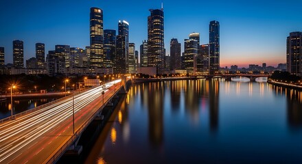 Obraz premium Modern Cityscape at Night: Skyscrapers, River Reflections, and Light Trails on Bridge